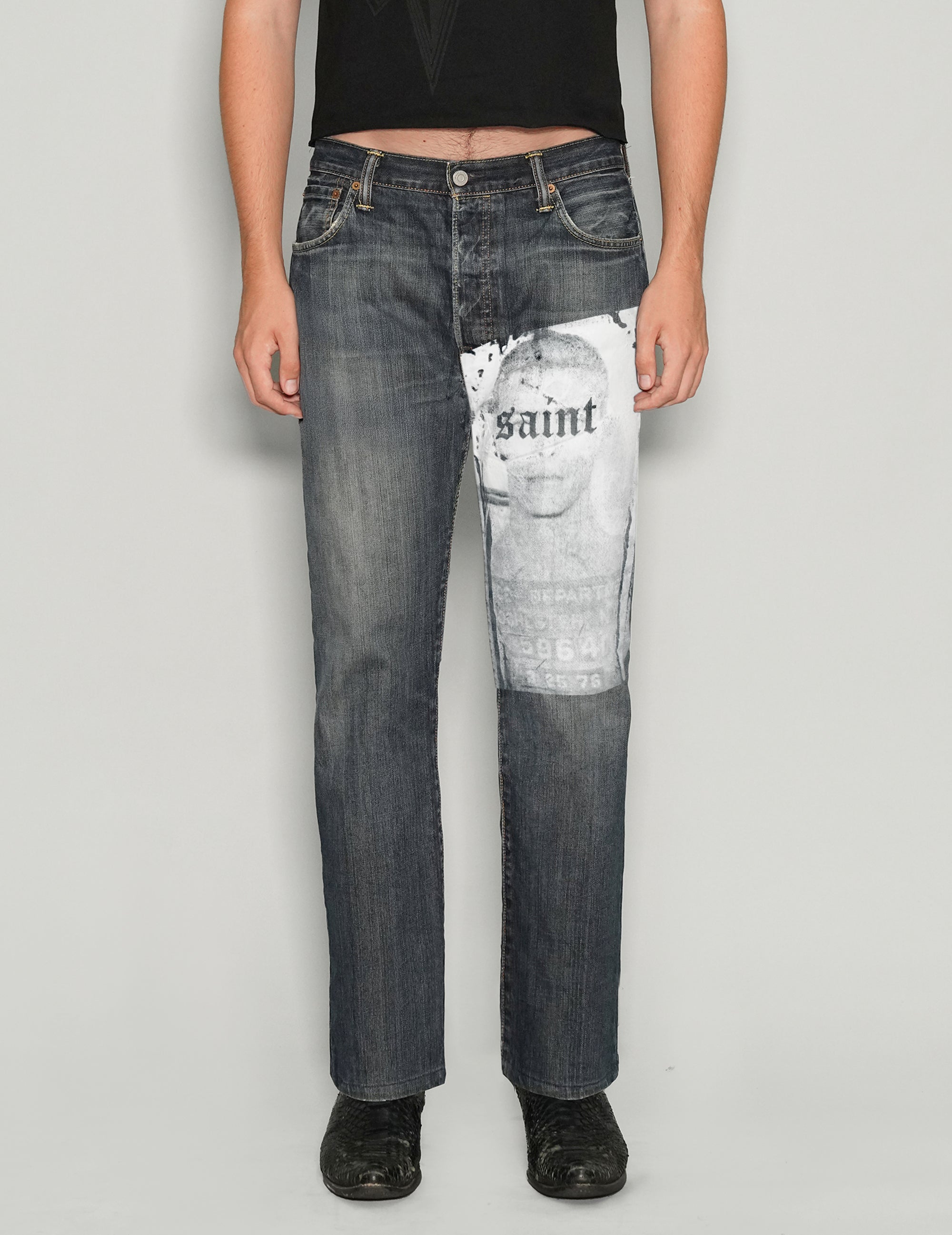 Men's Vintage Dark Blue Jeans with Graphic Print | Stuart Trevor
