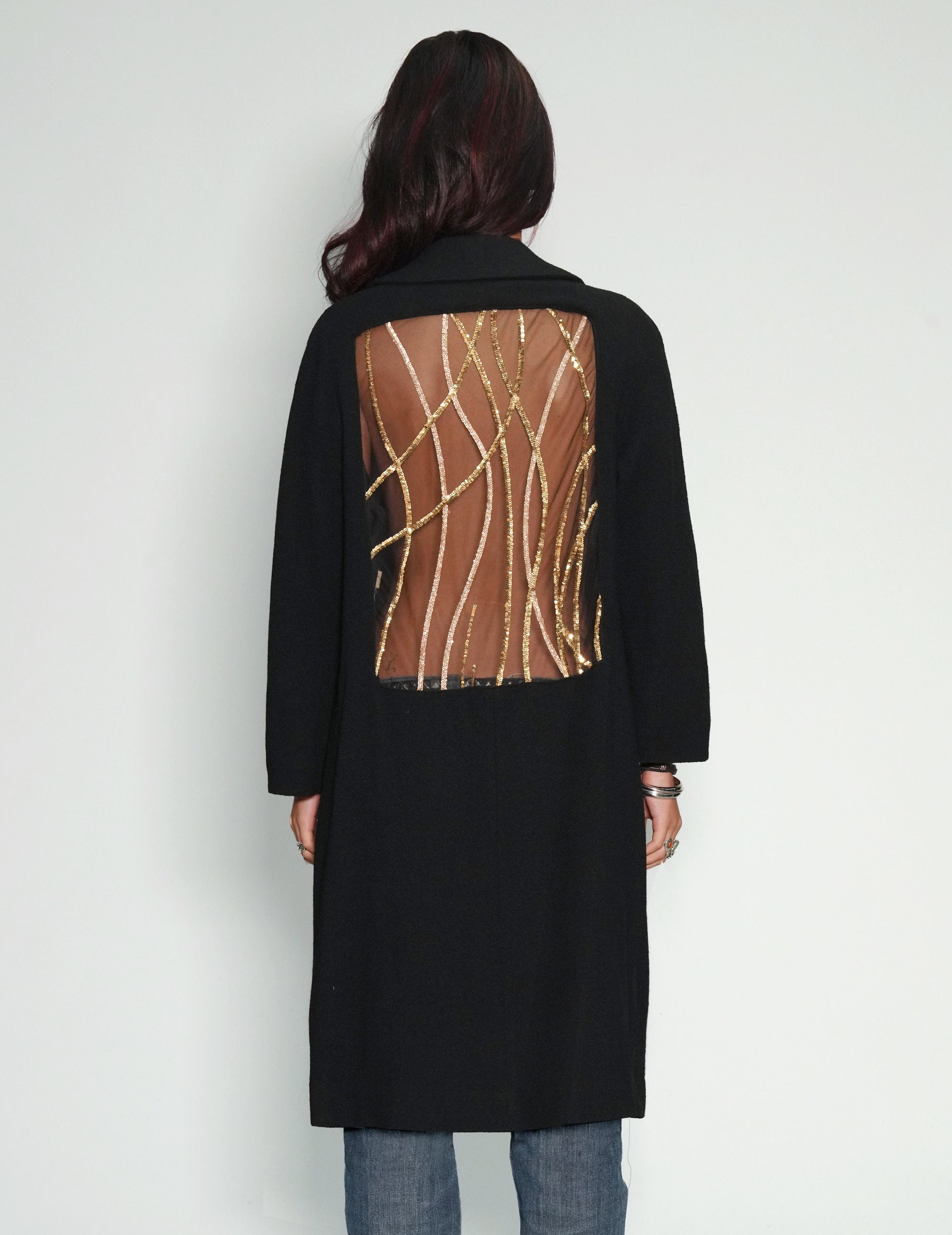Women's Black Coat with Gold Sequin Sheer Back | Stuart Trevor