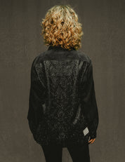 Party Back Shirt - Black Lace Art-Deco Sequin - Black Denim