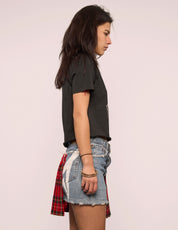 Tartan Patch Denim Skirt with Safety Pin Trim