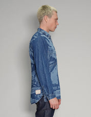 'Peace' Laser Print Denim Shirt in Blue