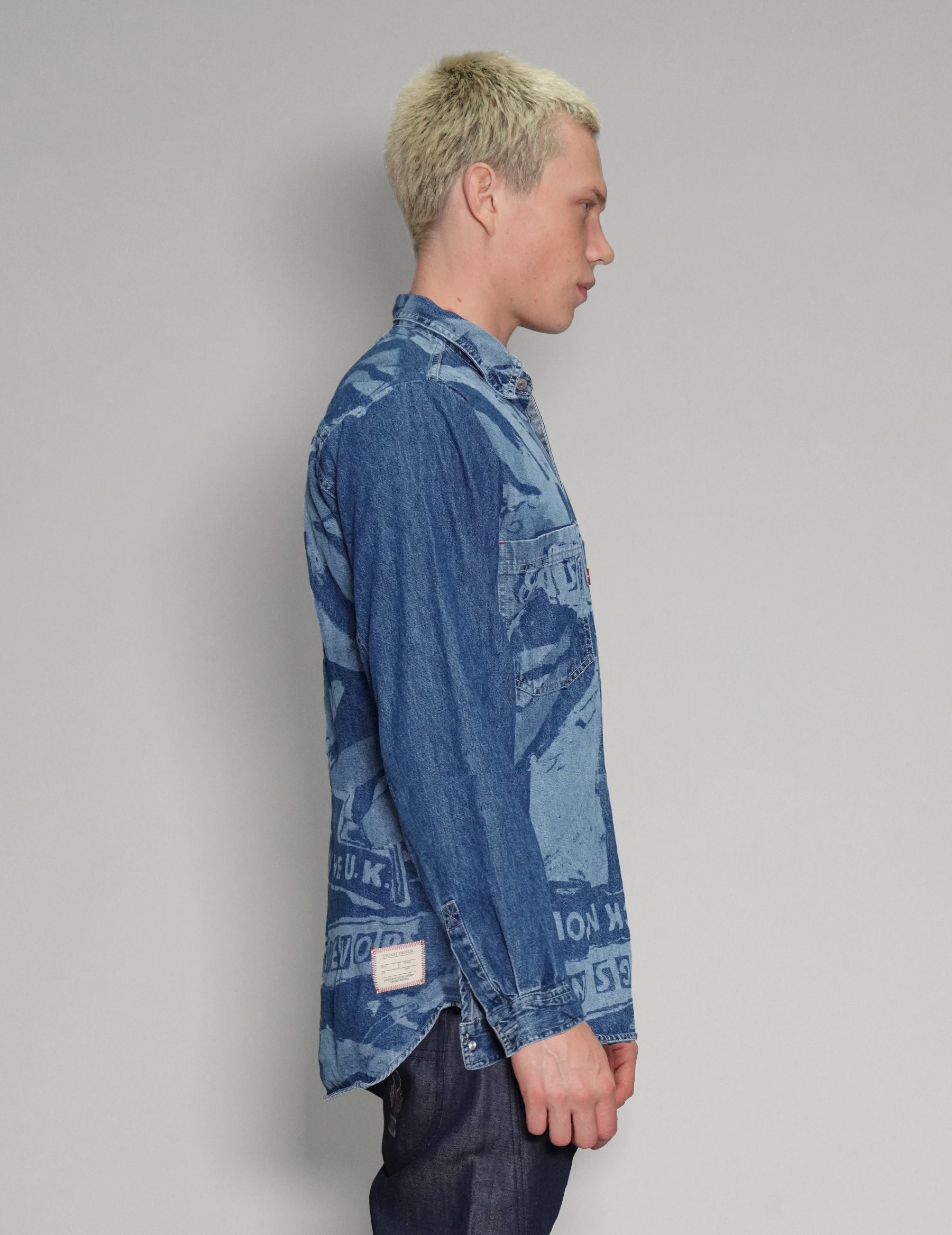 'Peace' Laser Print Denim Shirt in Blue