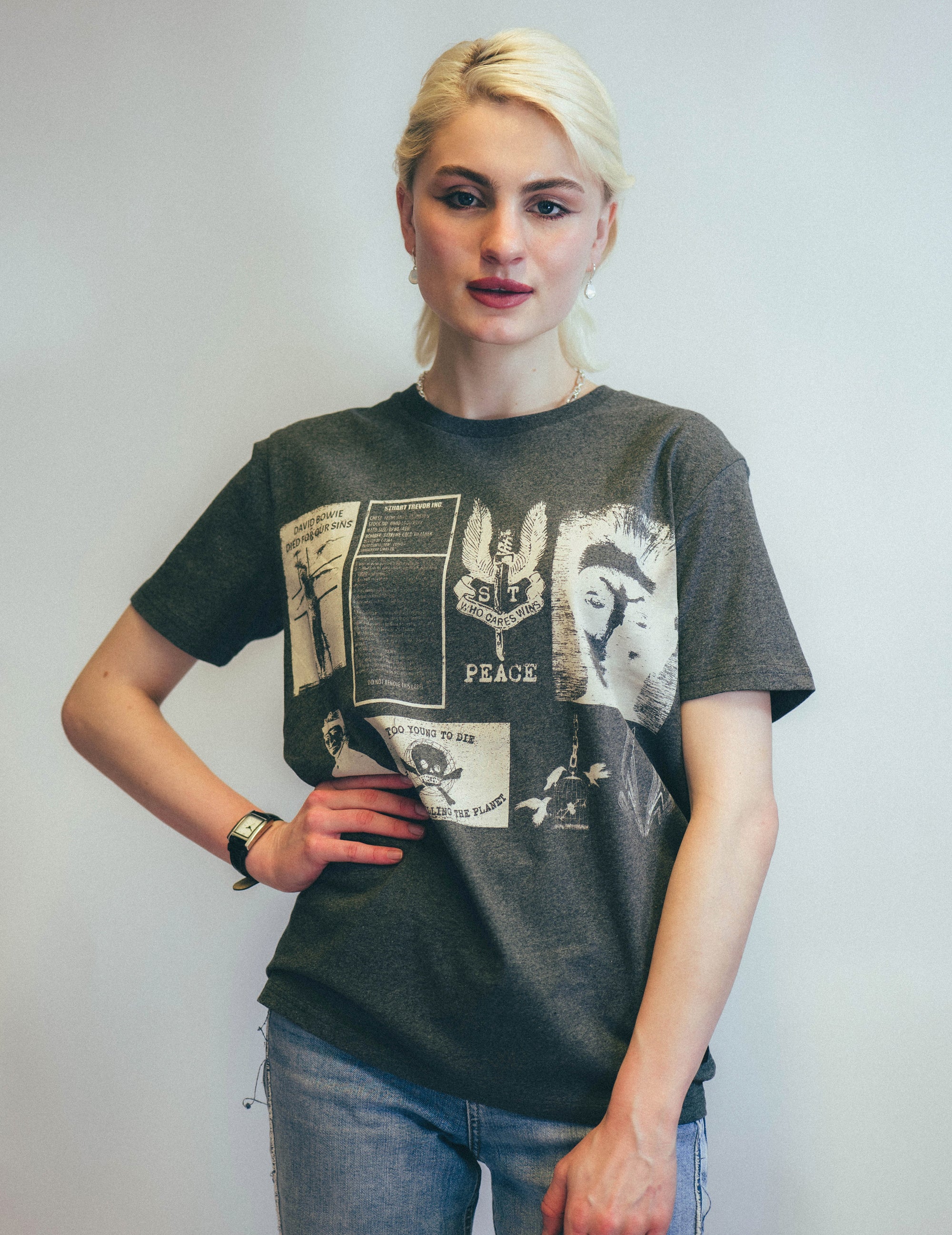 David Bowie inspired printed T-Shirt in Grey Marl