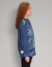 'Peace' Laser Print Denim Shirt in Blue