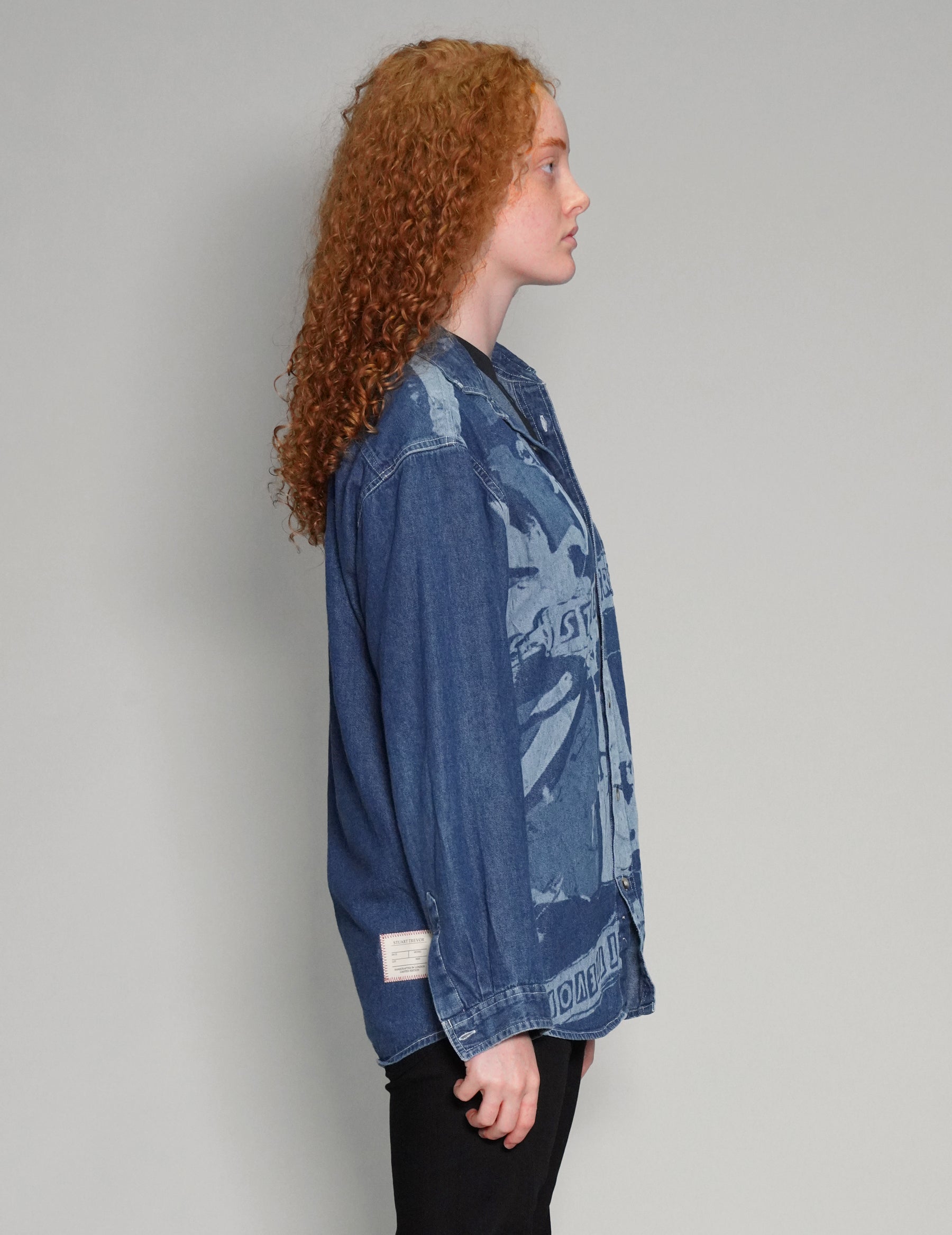 'Peace' Laser Print Denim Shirt in Blue