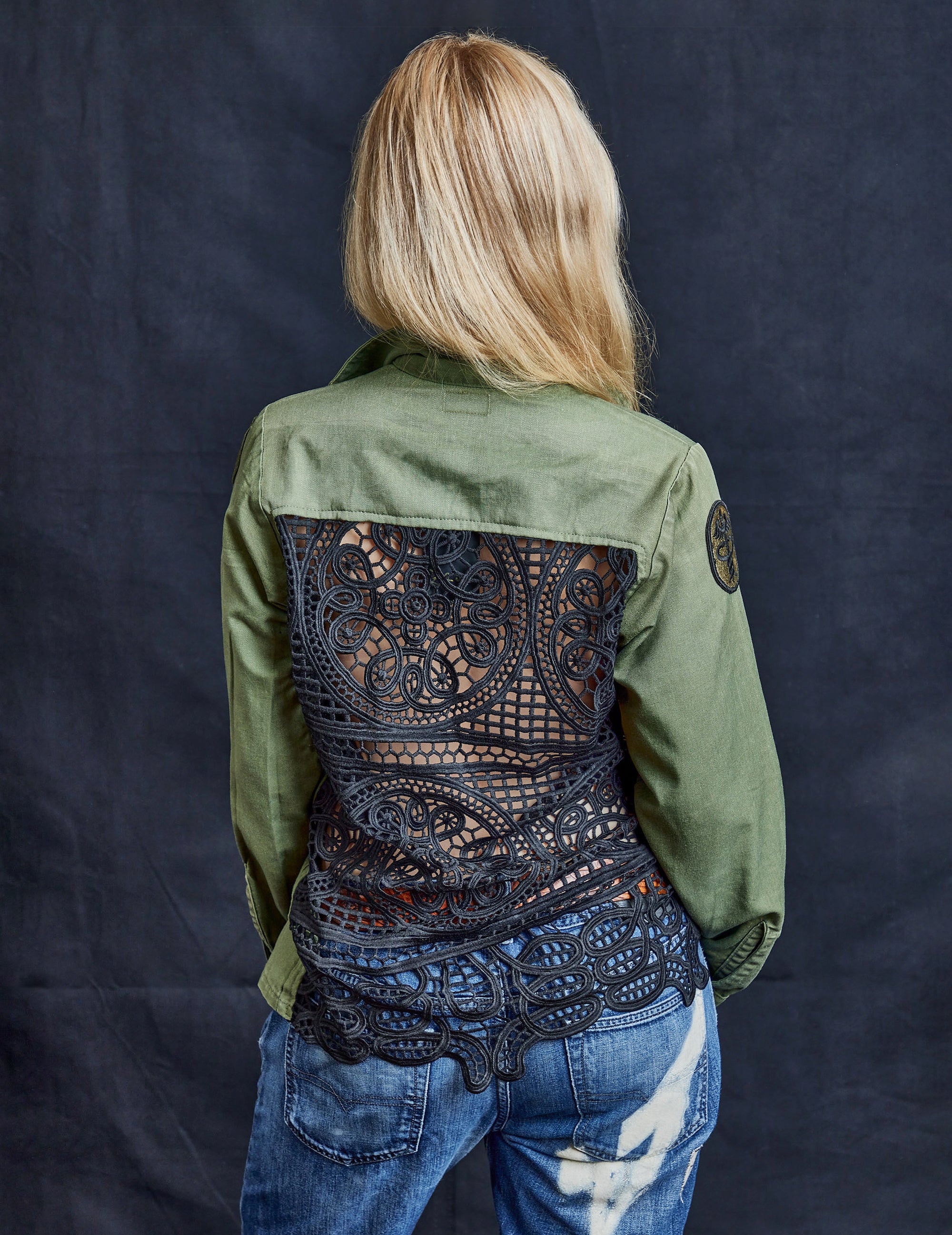 Party Back Shirt - Black Lace - Long Sleeve Khaki