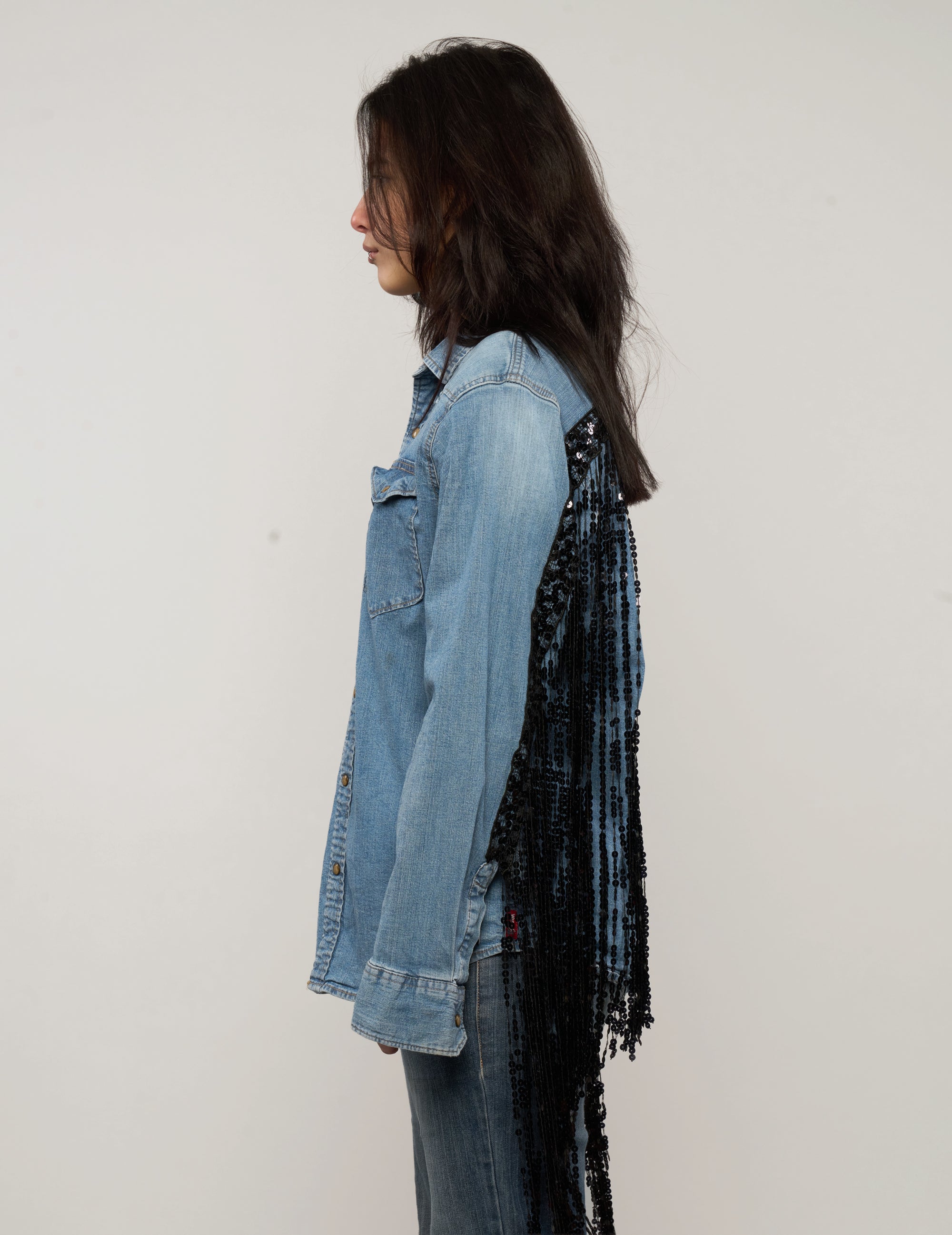 Party Back Sequinned Tassel Denim Shirt
