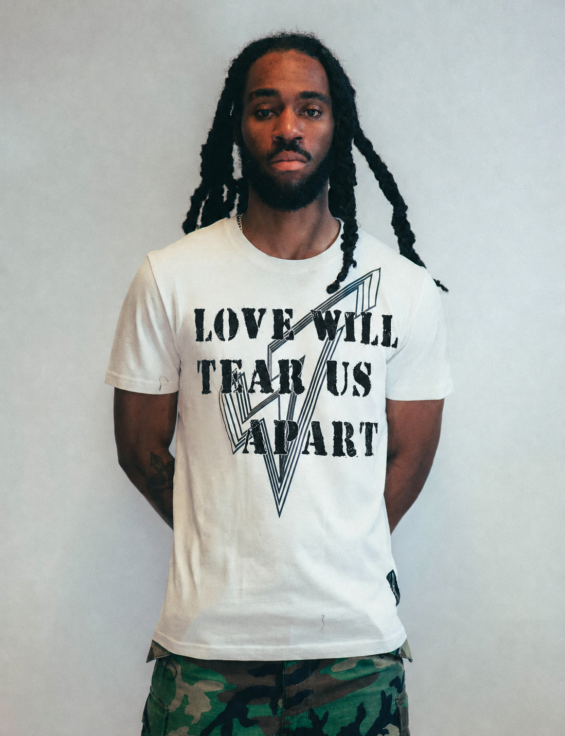 'Love Will Tear Us Apart' Lined Logo T-Shirt in Ecru