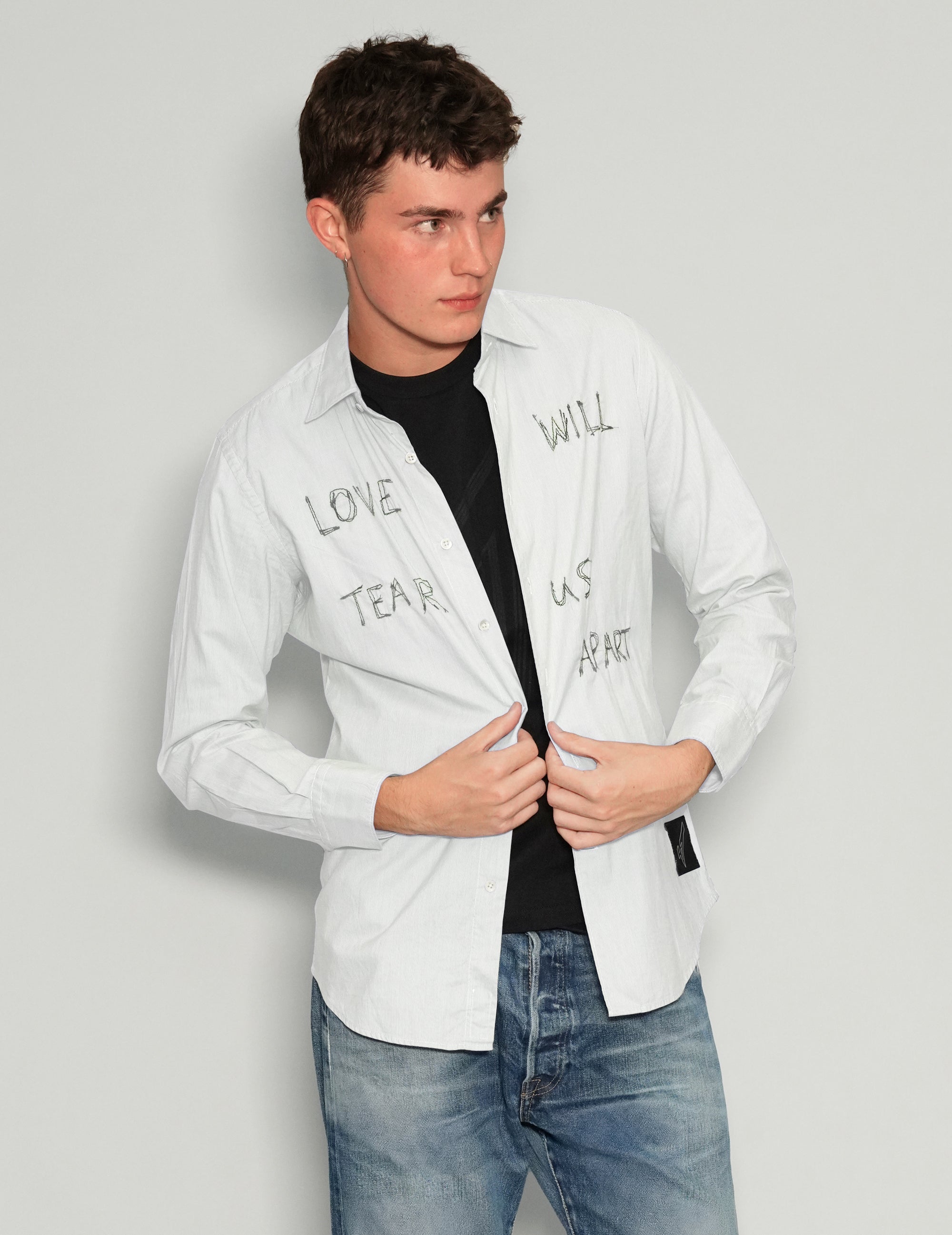 Men's Vintage Embroidered Shirt in White | Stuart Trevor