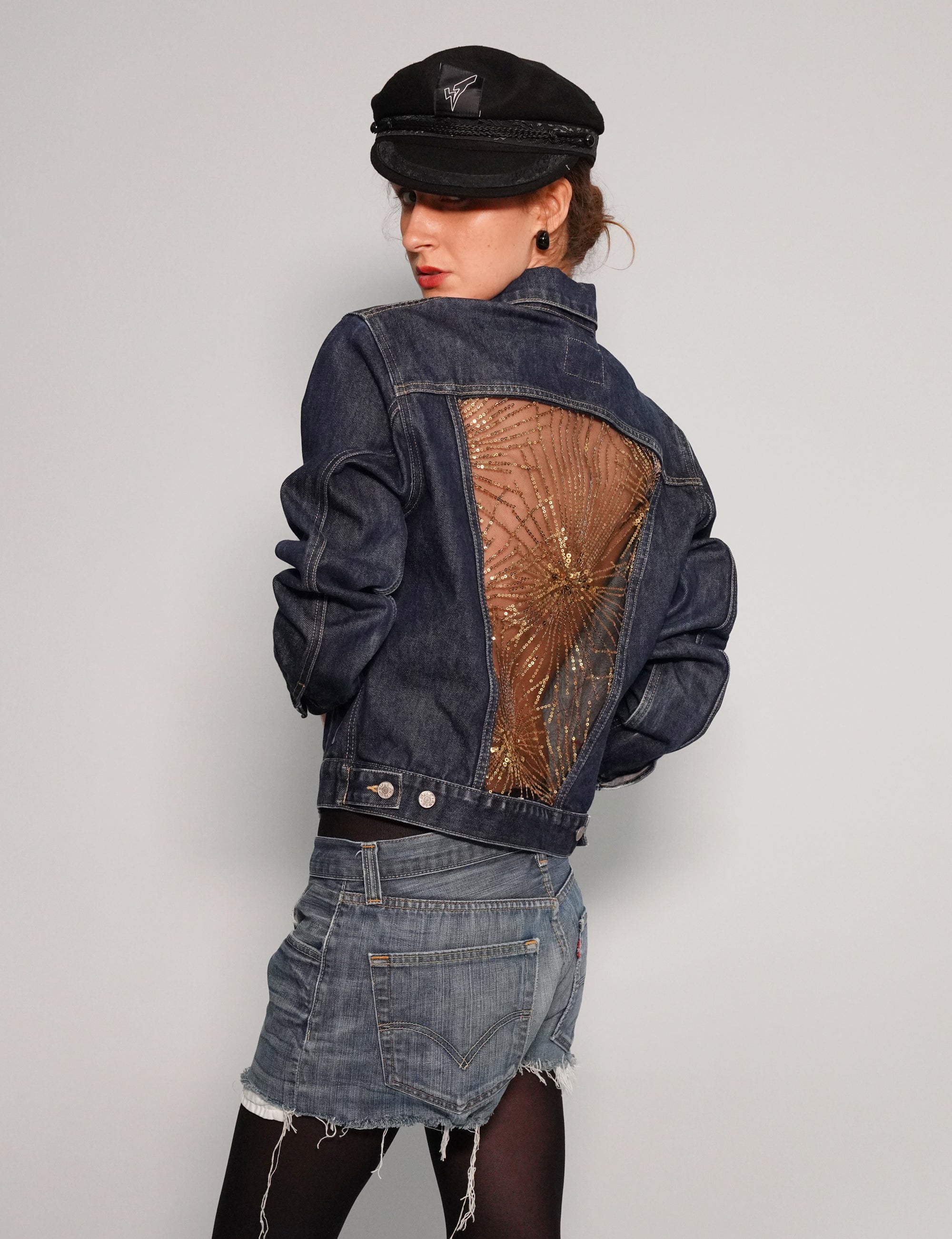 Women's Vintage Blue Denim Jacket with Gold Sequin Sheer Back | Stuart Trevor