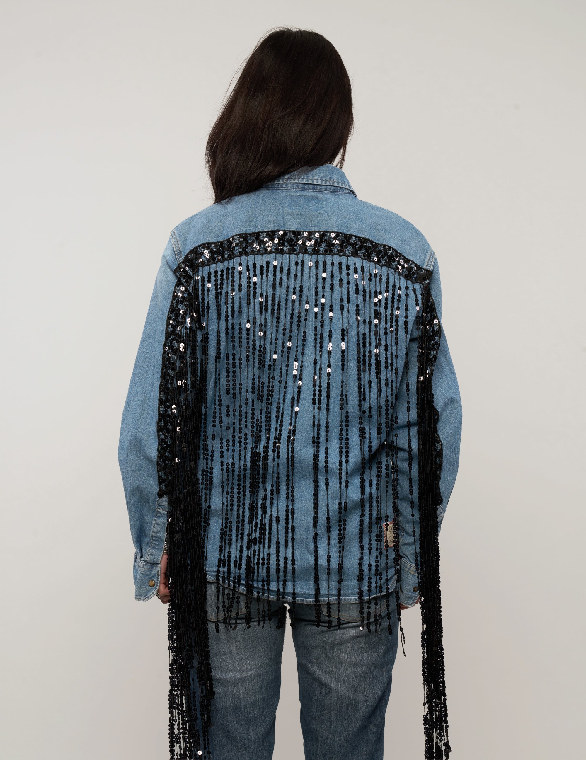 Party Back Sequinned Tassel Denim Shirt