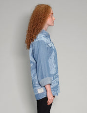 'Peace' Laser Print Denim Shirt in Light Blue
