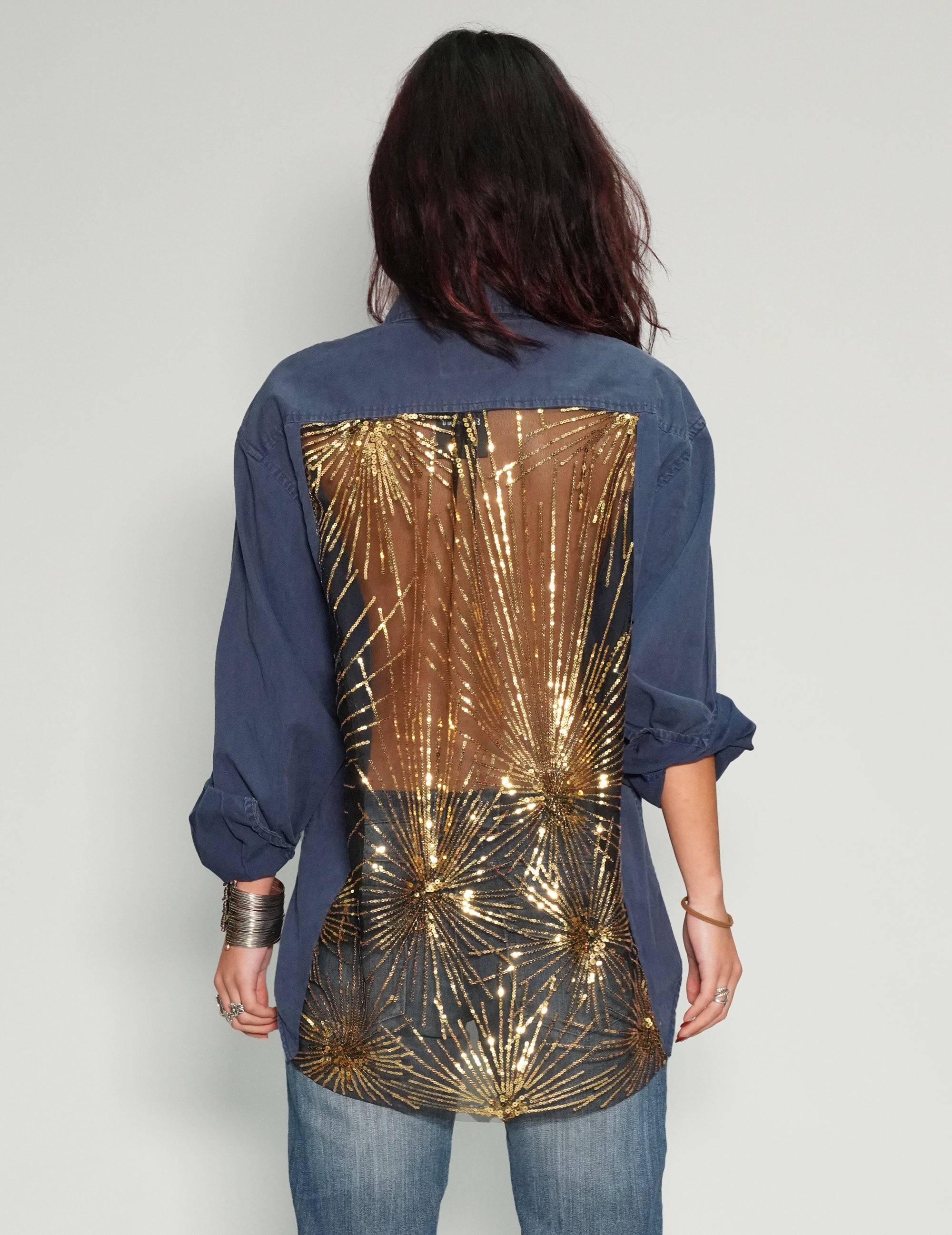 Party Back Shirt - Gold Sequin - Blue Cotton