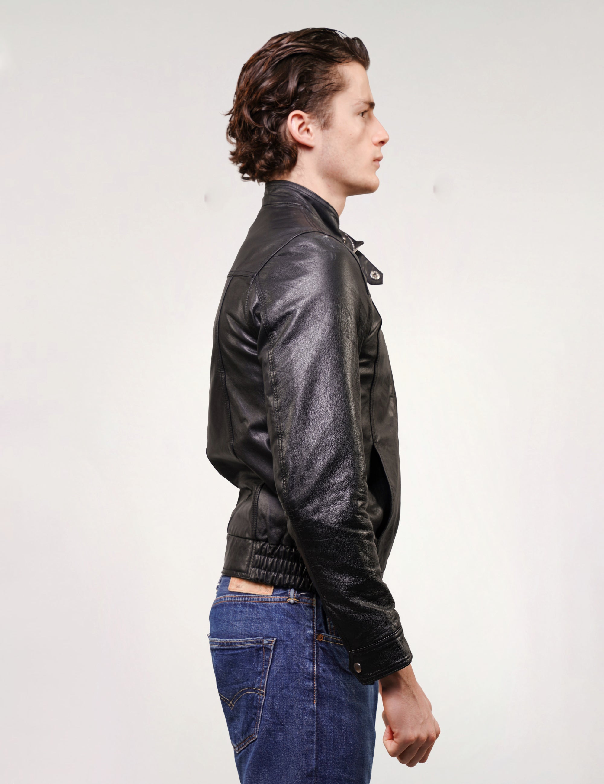 Vintage Style Black Leather Bomber Jacket