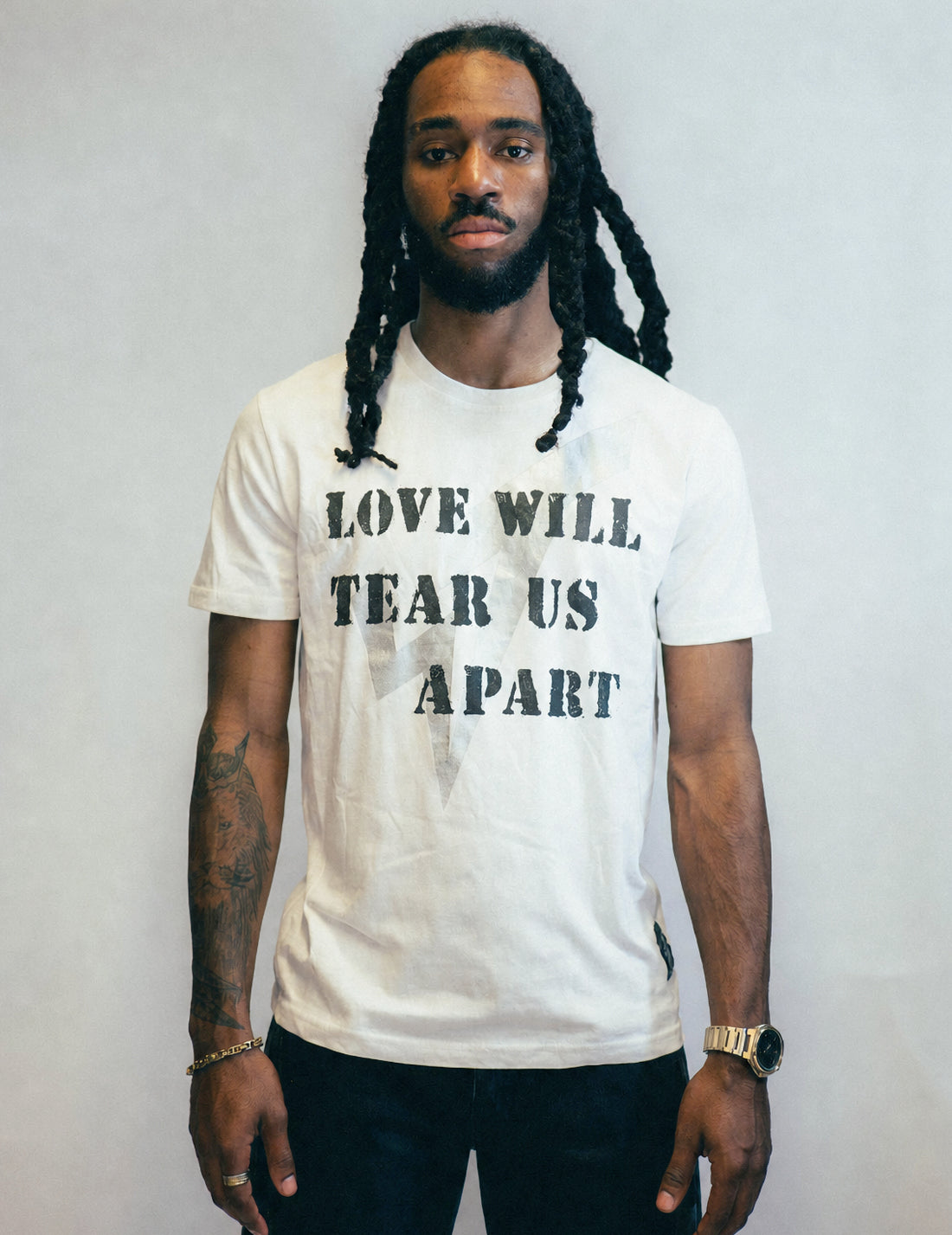 'Love Will Tear Us Apart' Silver Logo T-Shirt in Ecru