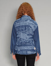 'Peace' Laser Print Denim Shirt in Blue