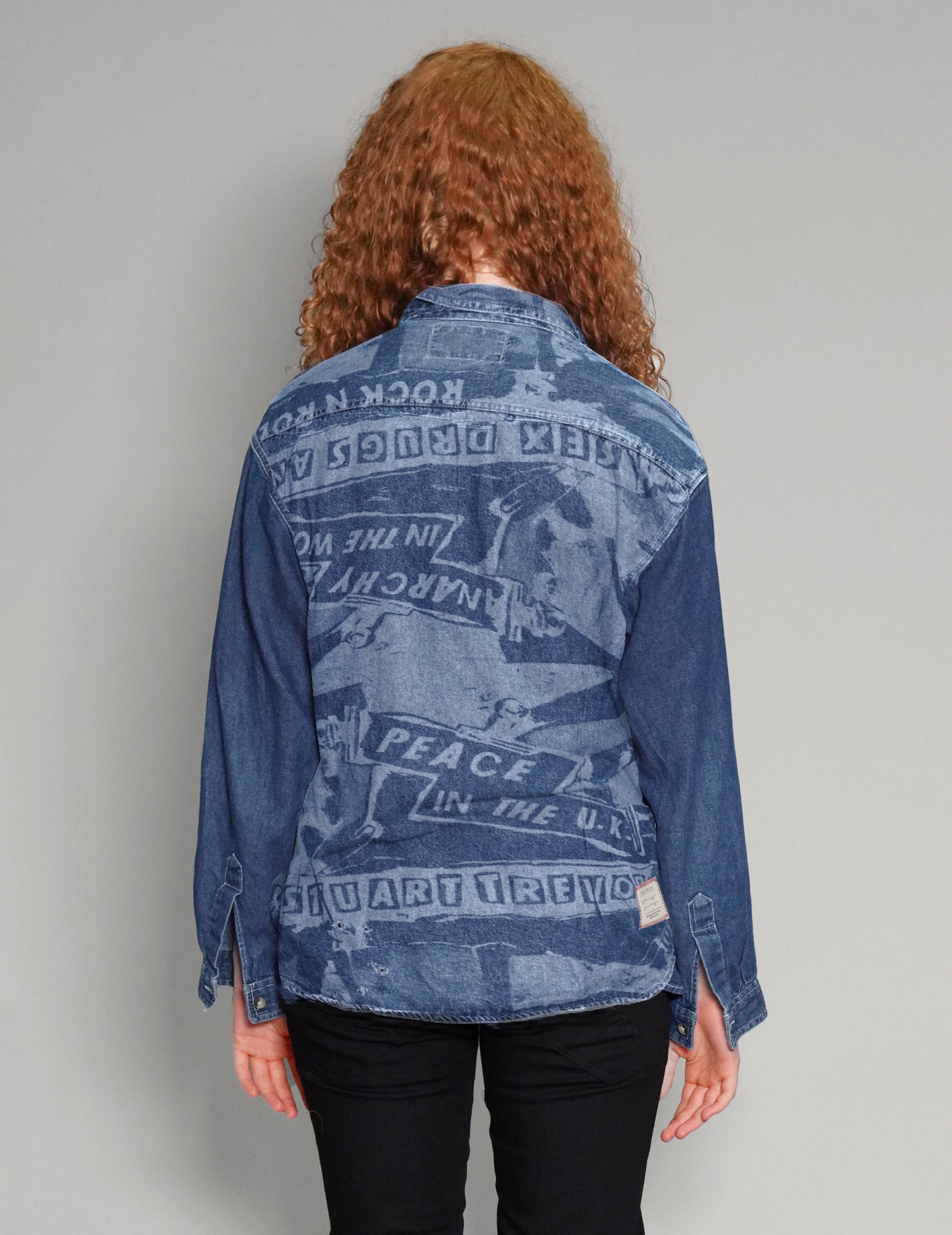 'Peace' Laser Print Denim Shirt in Blue