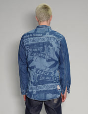 'Peace' Laser Print Denim Shirt in Blue
