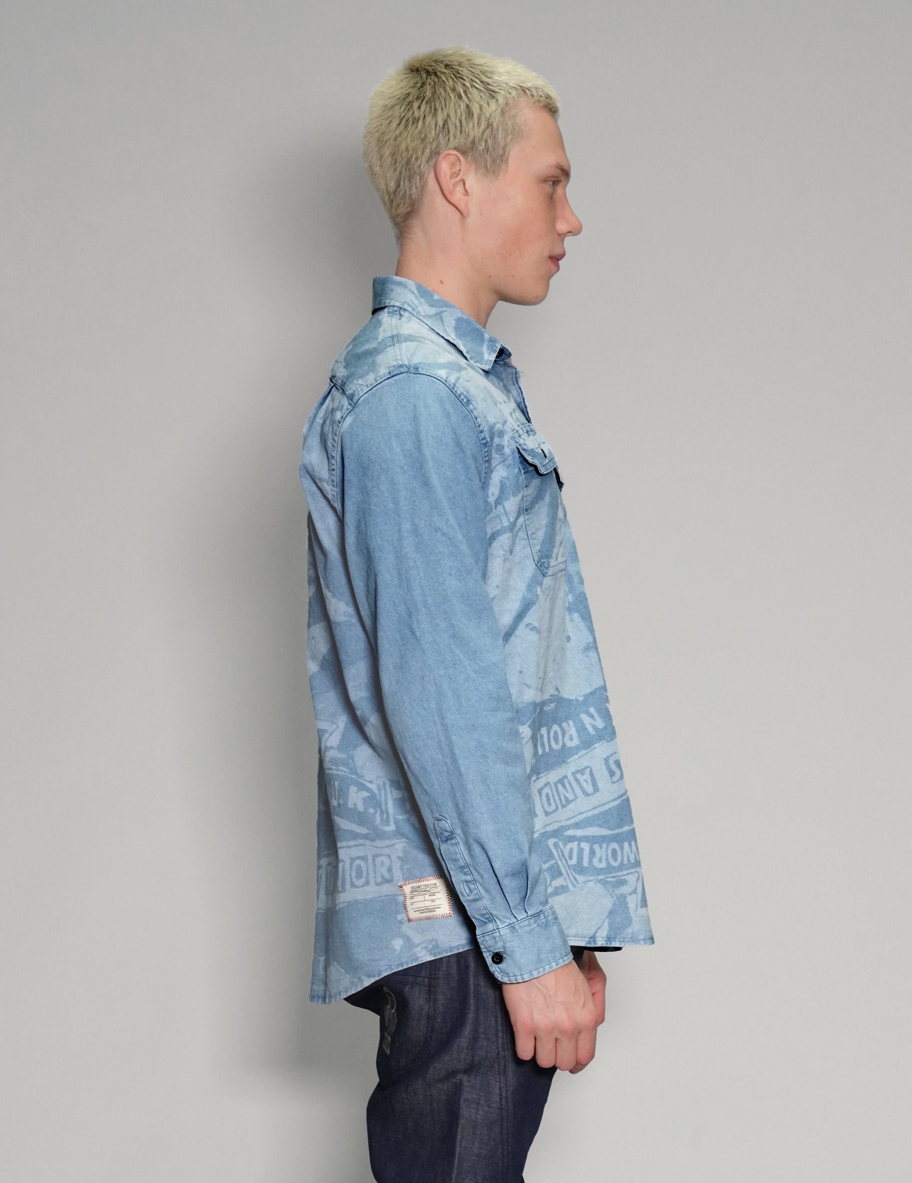 'Peace' Laser Print Denim Shirt in Light Blue