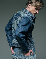 'Peace' Laser Print Denim Jacket in Blue