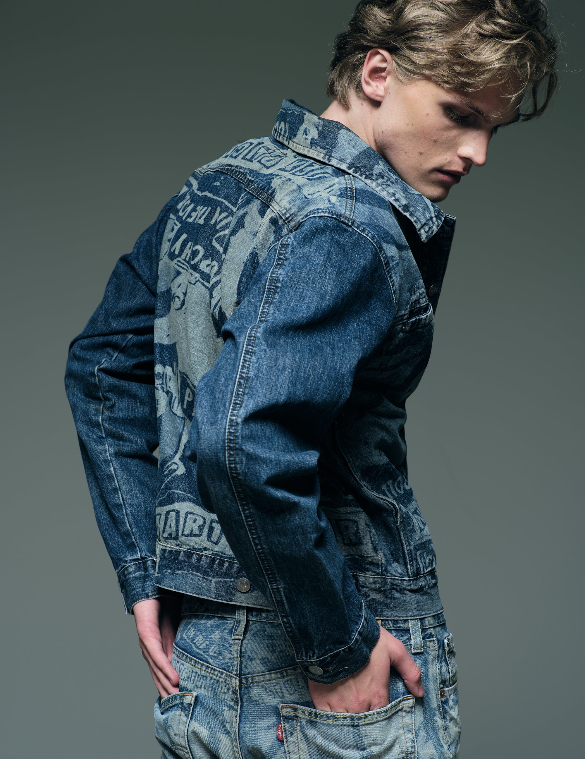 'Peace' Laser Print Denim Jacket in Blue