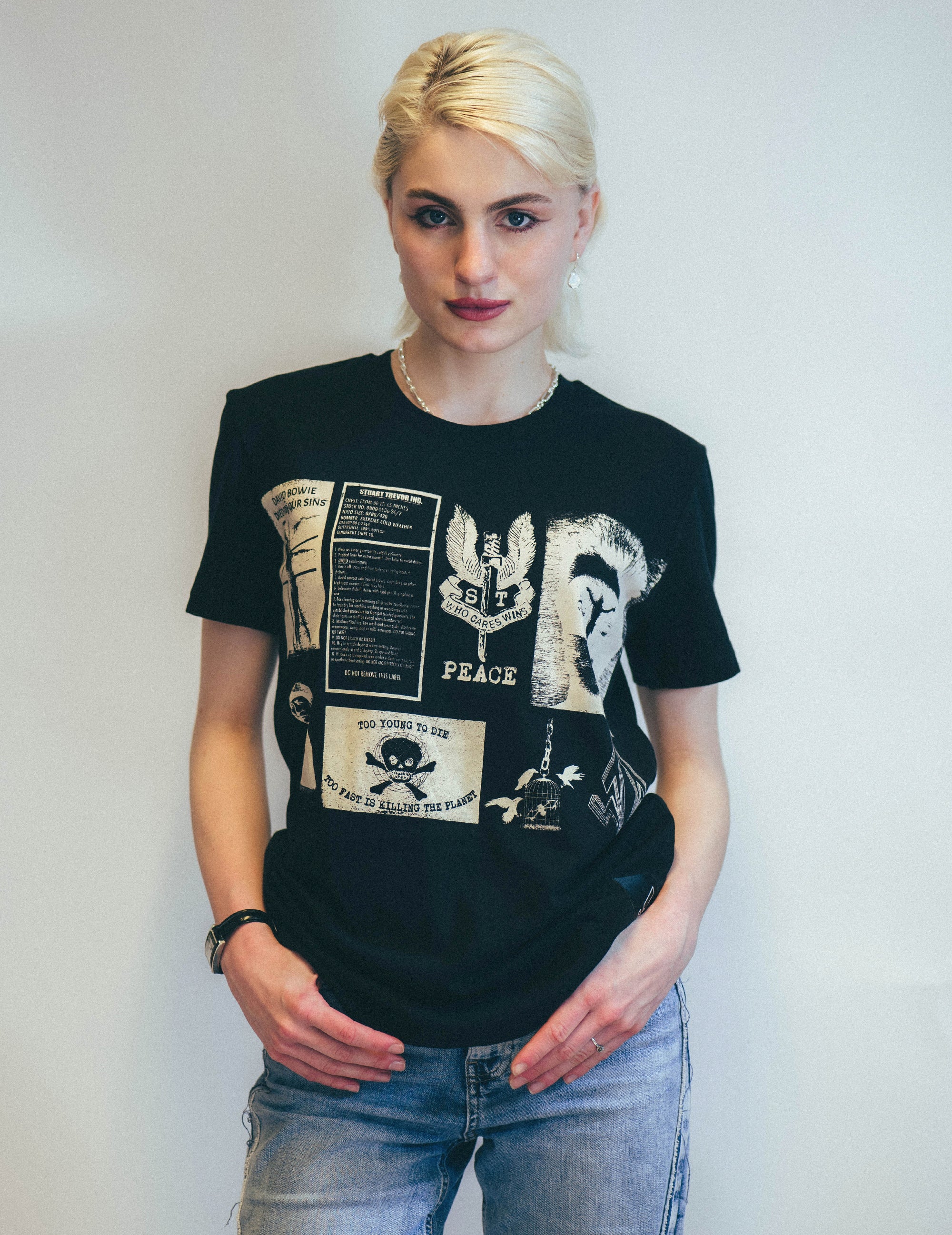 David Bowie inspired T-Shirt with Printed Patches in Black