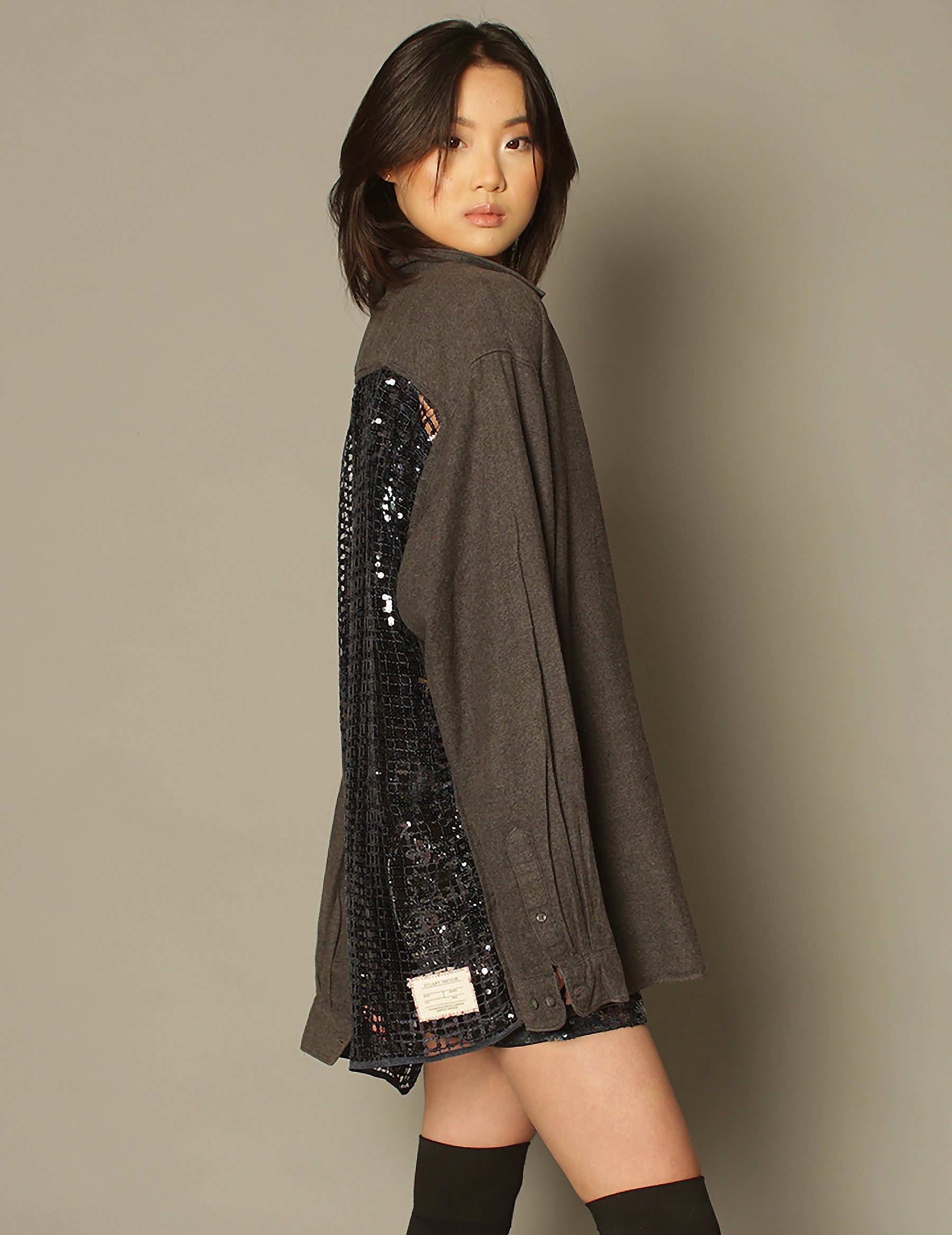 Party Back Shirt - Black Sequin - Long Sleeve Chambray