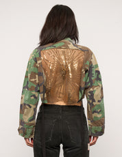 Kurzes Party-Shirt mit Rückenausschnitt – Goldpailletten – Camouflage