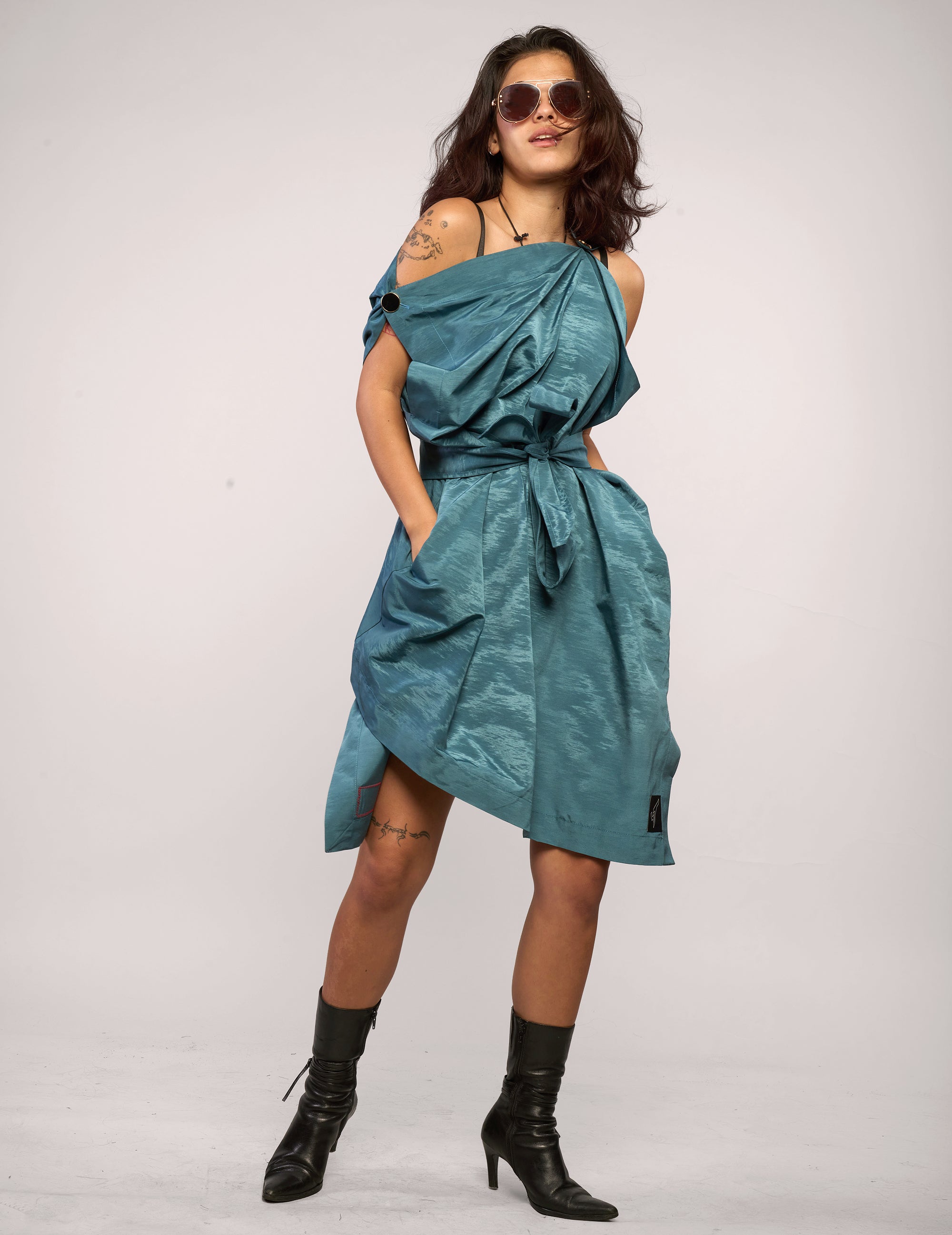 The Pirate Dress – Teal Crinkle Taffeta