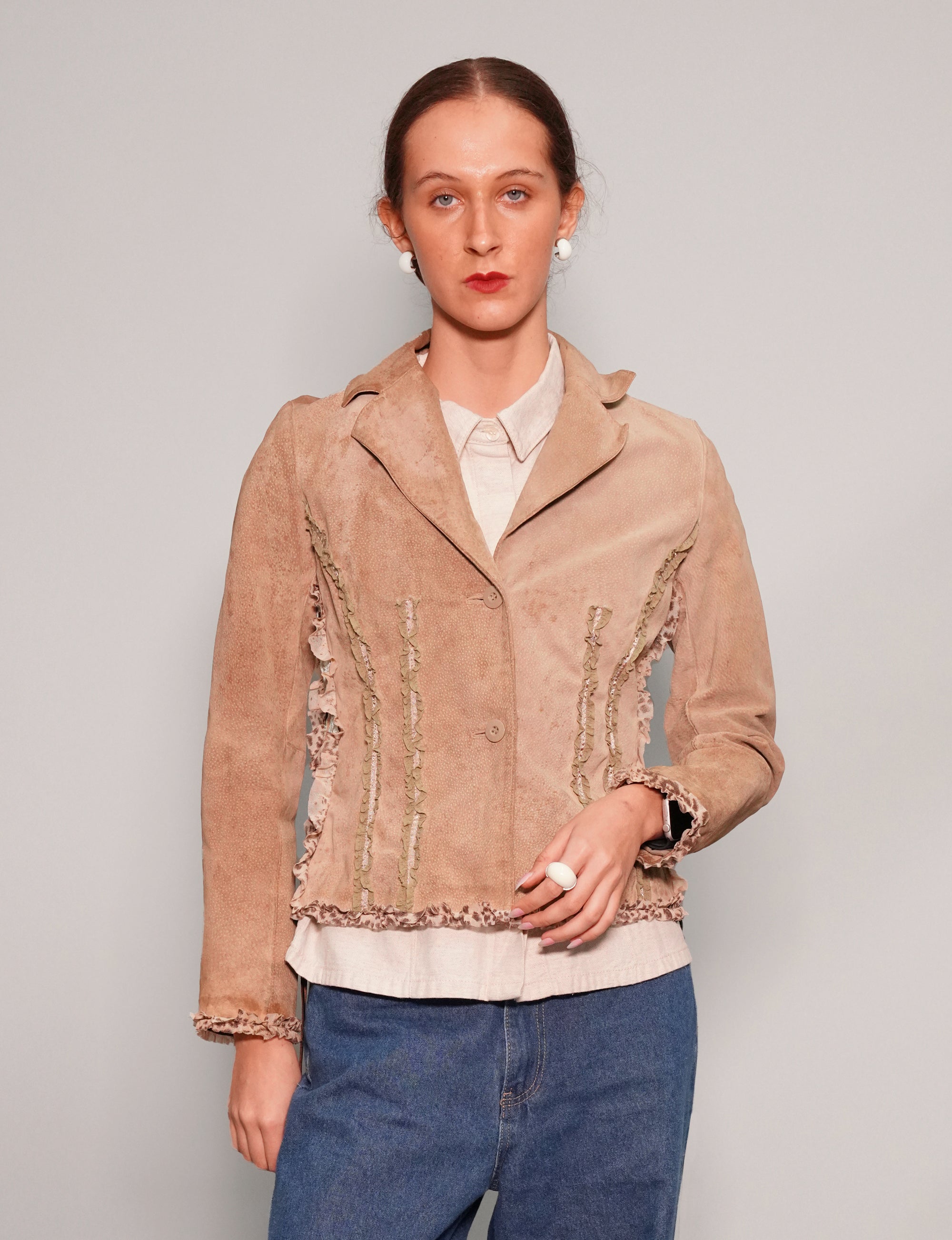 Women's Vintage Suede Jacket with Frills in Beige | Stuart Trevor