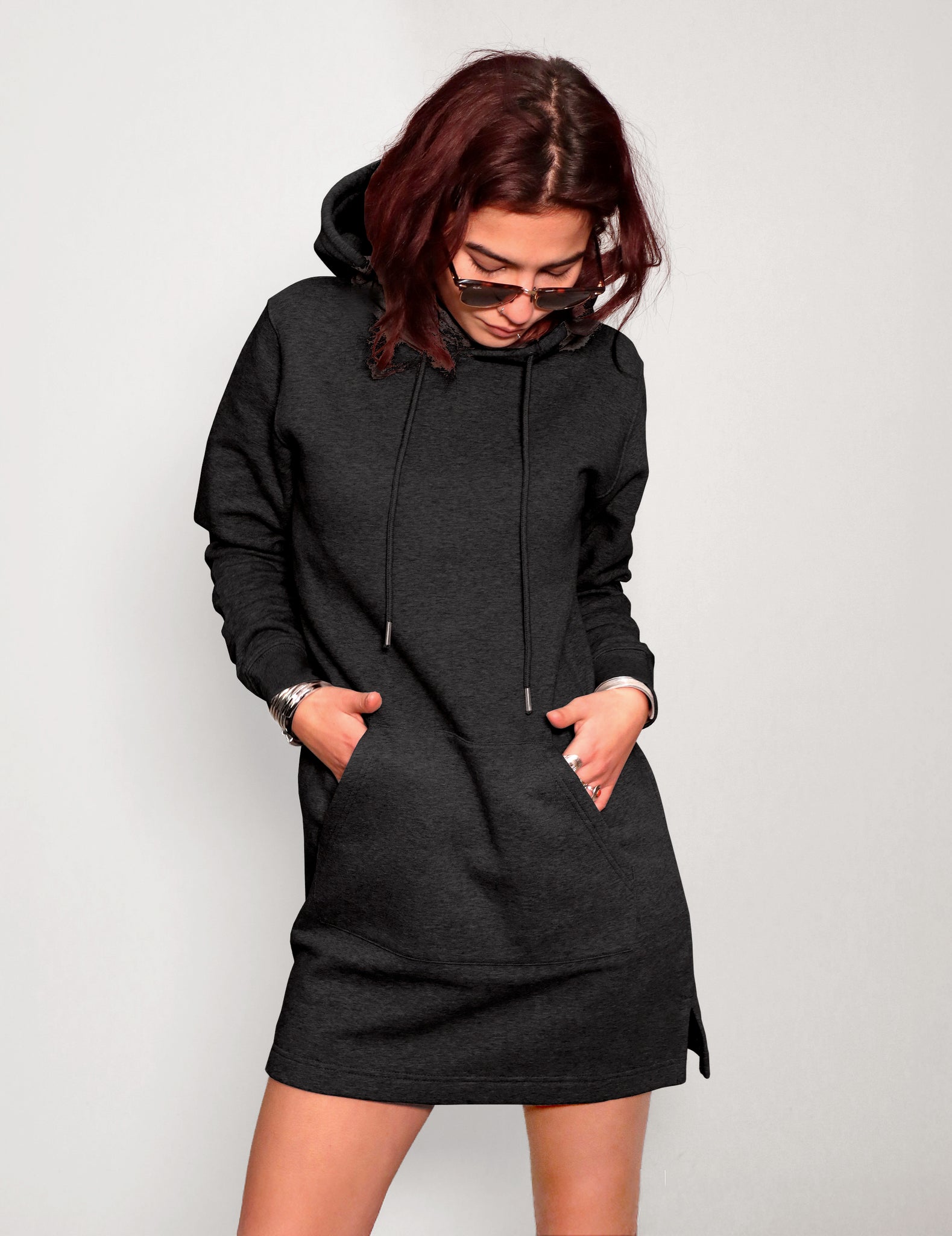 Womens Black Hoodie Dress with Black Sequin Lace Back Stuart Trevor Womens Black Hoodie Dress with Black Sequin Lace Back Stuart Trevor