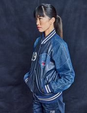 Bowie Denim and Leather Varsity Bomber Jacket