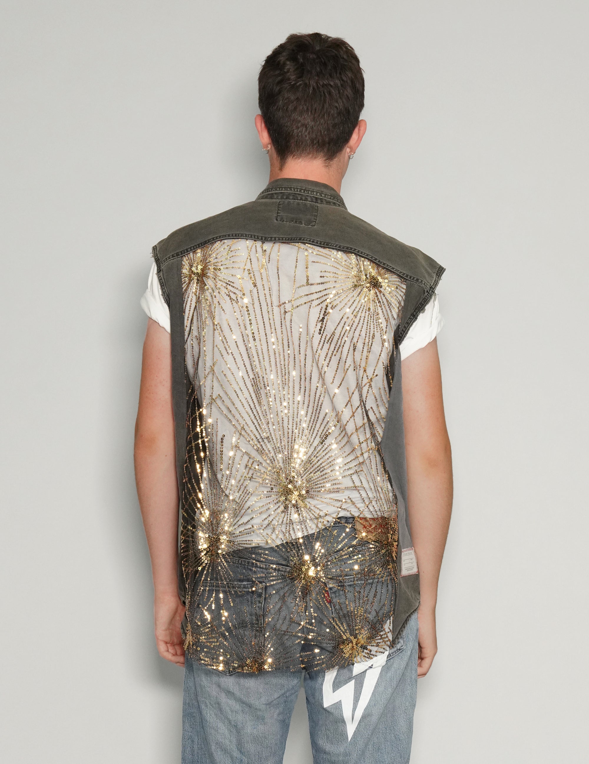 Men's Vintage Levi's Denim Vest with Gold Sequin Sheer Back | Stuart Trevor