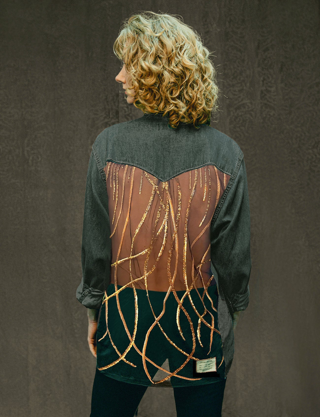 Party Back Shirt - Gold Art-Deco Sequin - Grey Denim