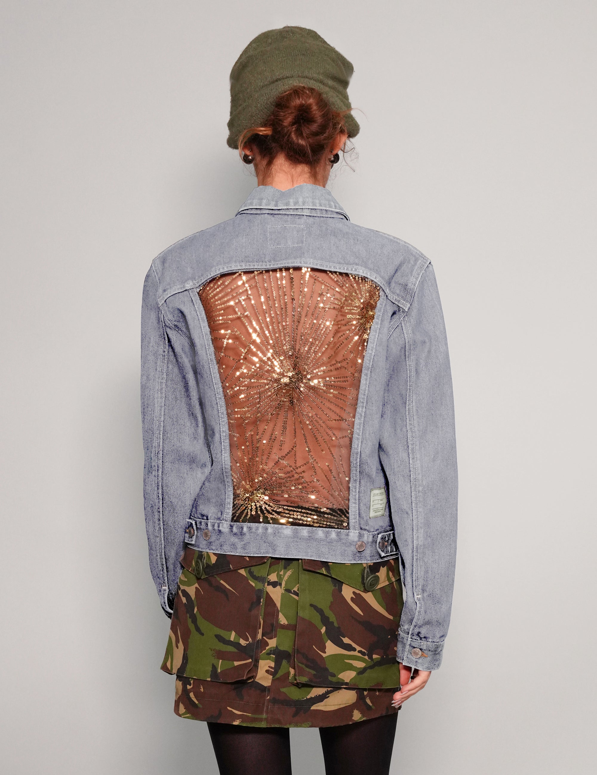 Women's Vintage Denim Jacket with Gold Sequin Sheer Back | Stuart Trevor