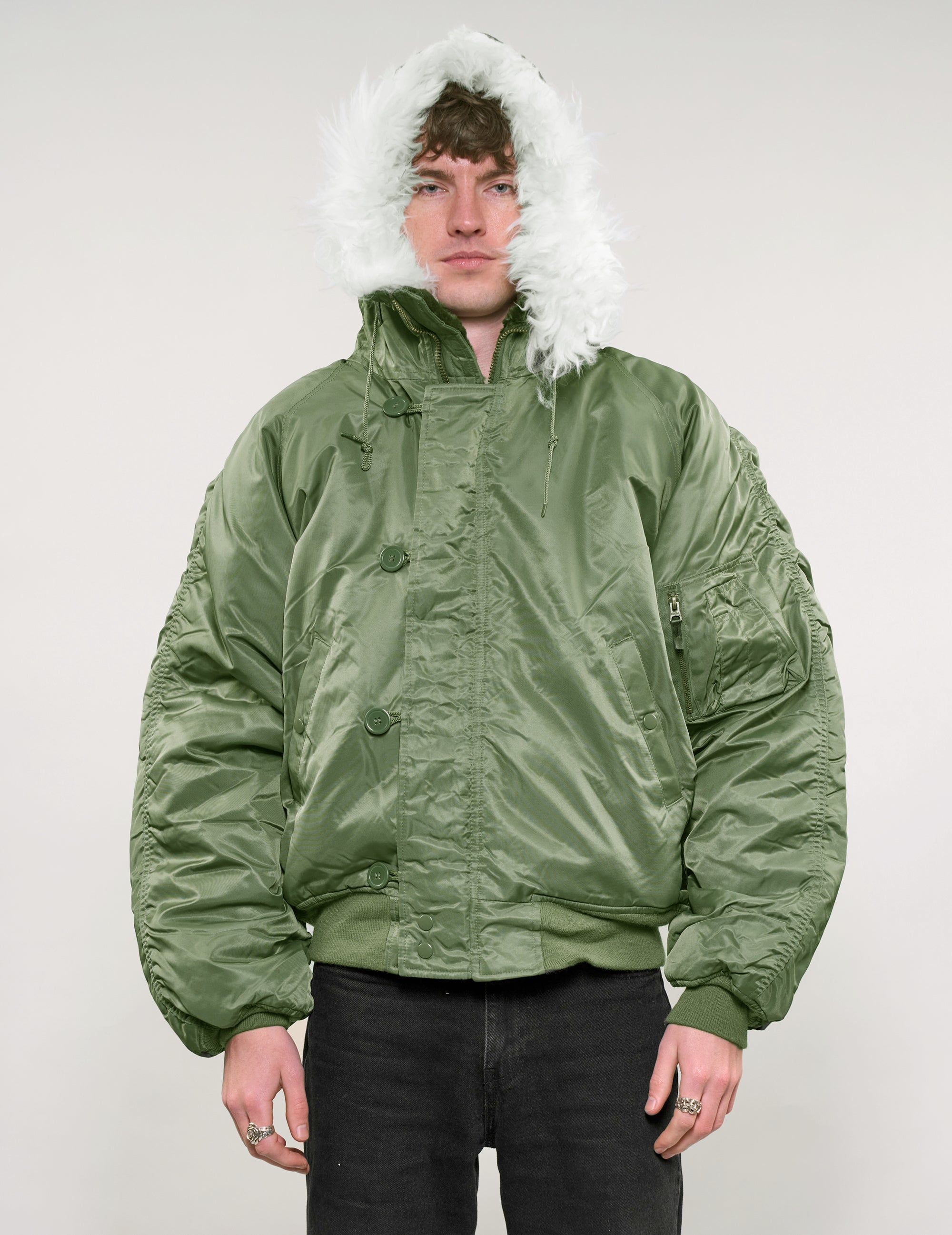 Zipped Hooded Flying Jacket in Green