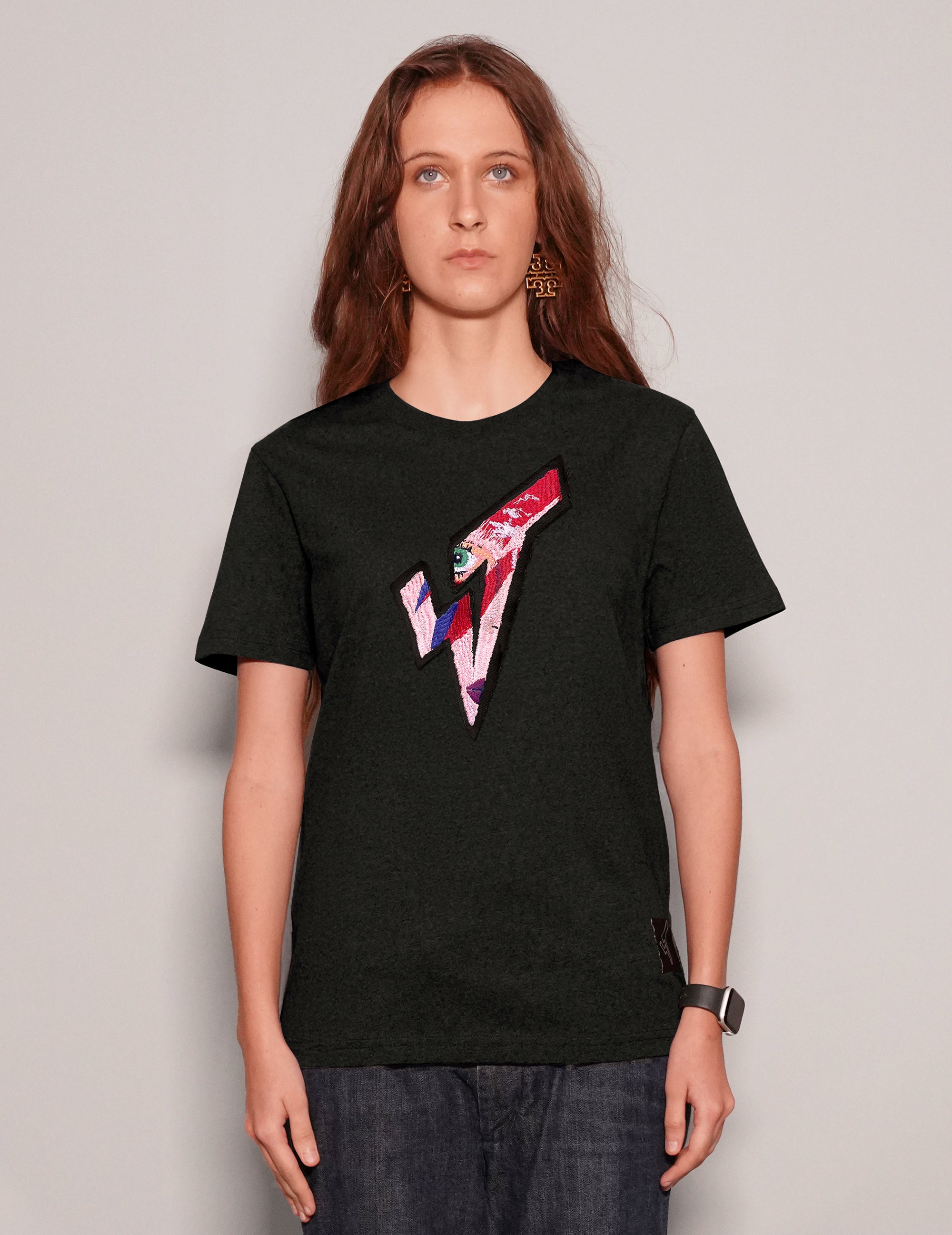 Women's Graphic T-Shirt with David Bowie Patch in Black | Stuart Trevor