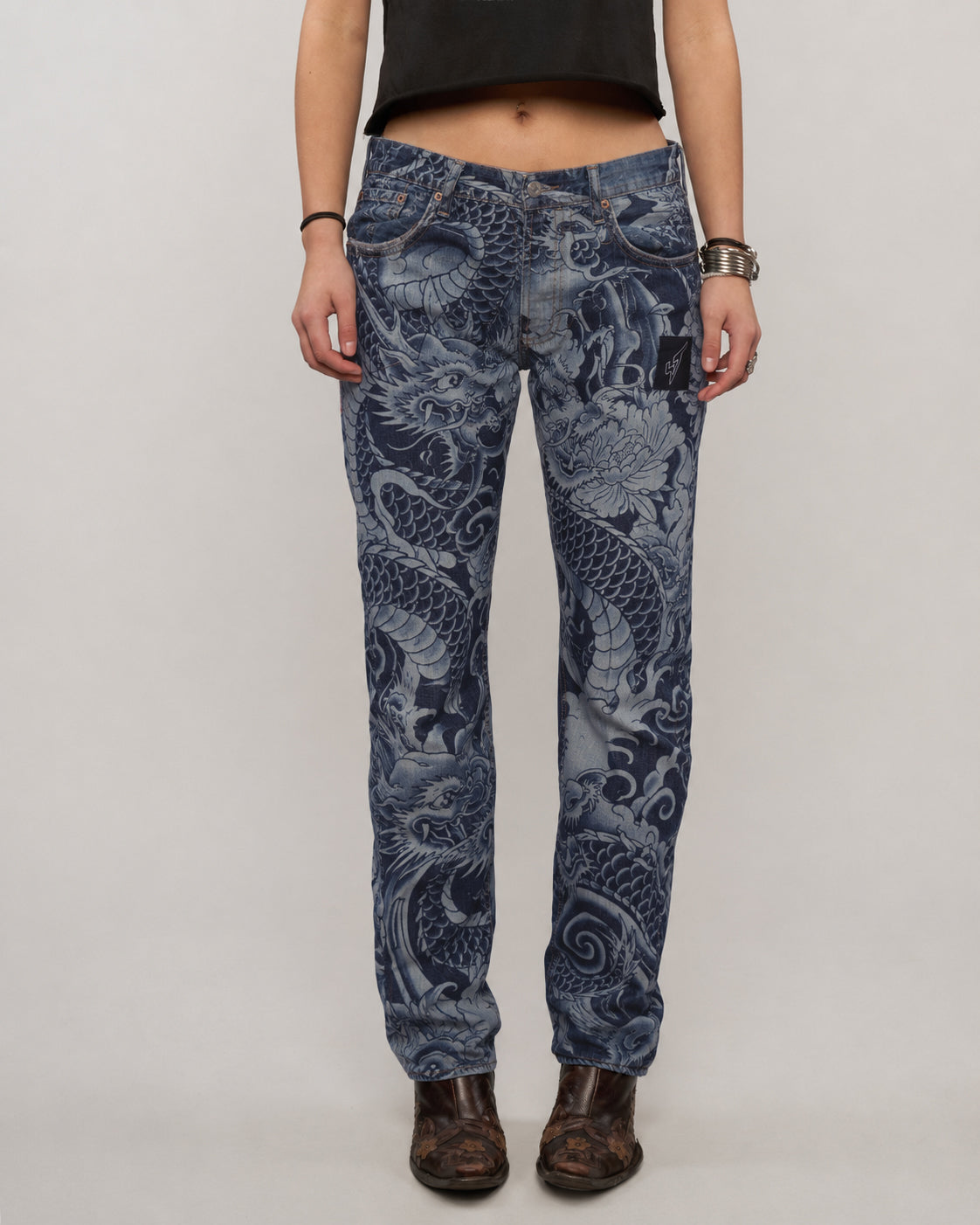Dragon Tattoo Laser Print Jeans - Dark Denim
