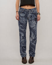 Dragon Tattoo Laser Print Jeans - Dark Denim