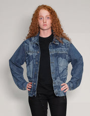 'Peace' Laser Print Denim Jacket in Blue