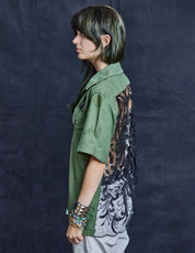 Party Back Shirt - Black Art-Deco Sequin - Short Sleeve Khaki