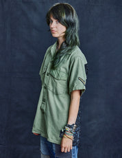 Party Back Shirt - Black Lace - Short Sleeve Khaki