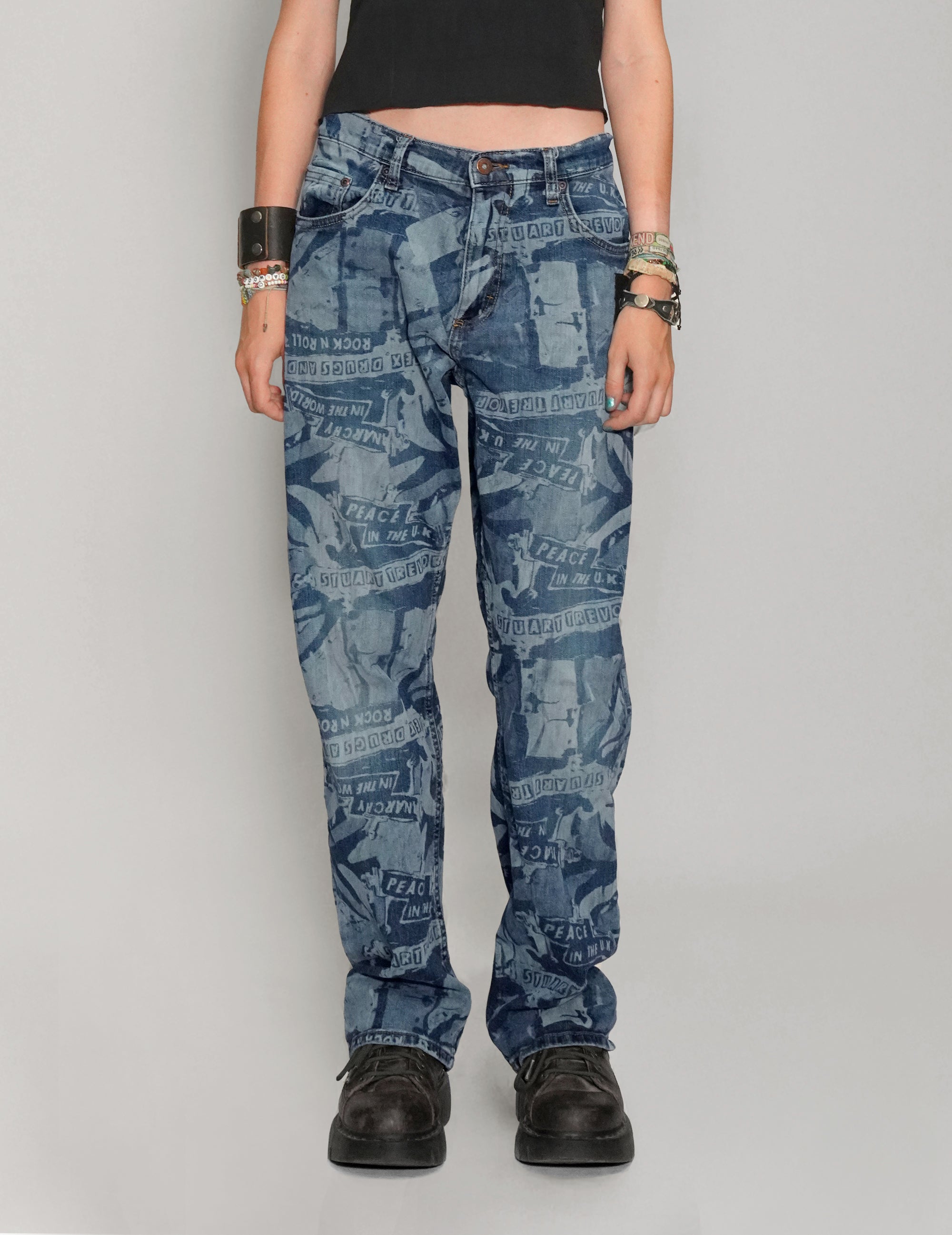 'Peace' Laser Print Jeans in Blue