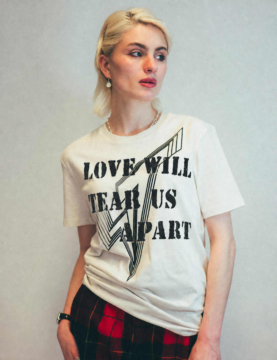 'Love Will Tear Us Apart' Lined Logo T-Shirt in Ecru