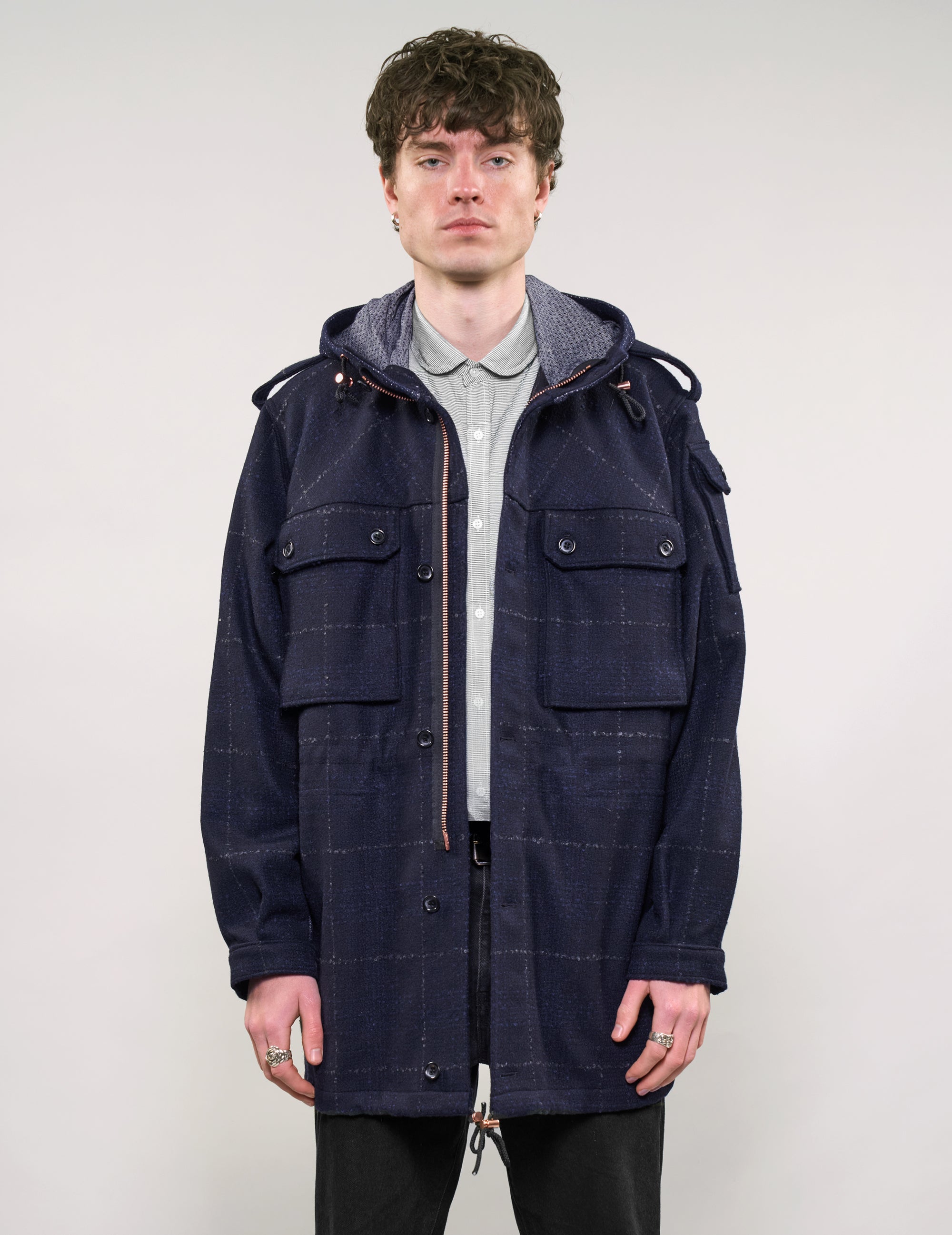 IMMORTAL Hooded Wool Parka in Windowpane Check