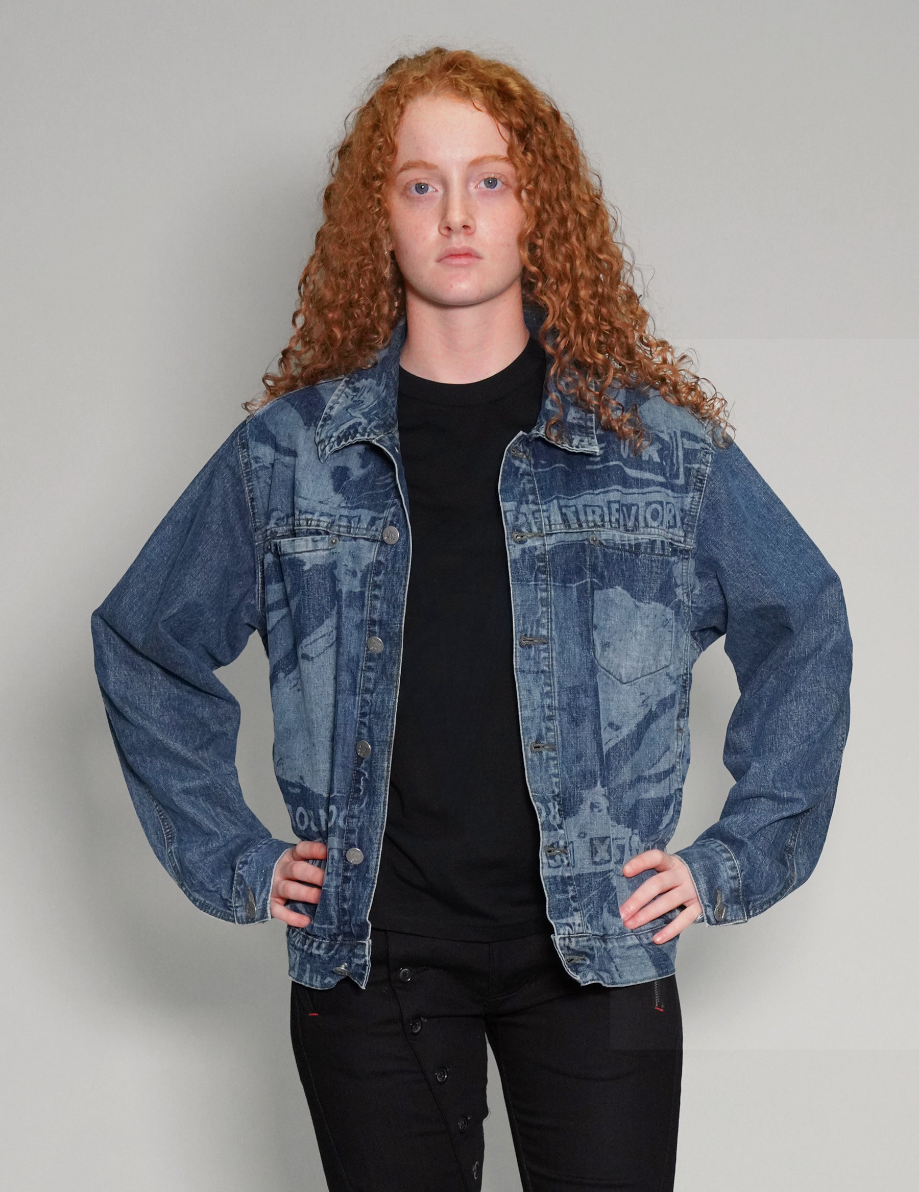 'Peace' Laser Print Denim Jacket in Blue