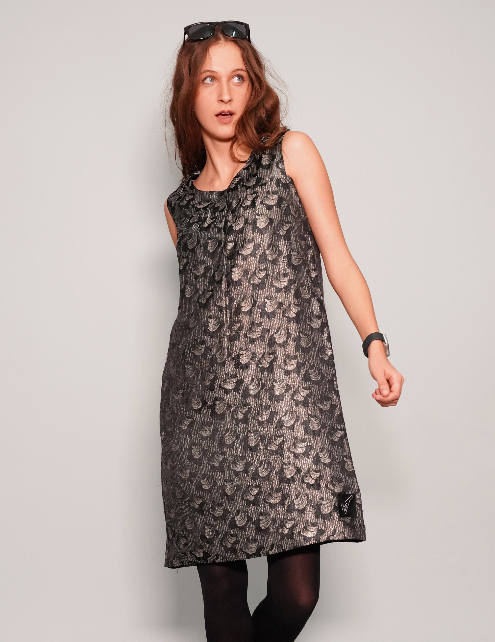 Women's Vintage Patterned Sleeveless Shift Dress in Silver | Stuart Trevor