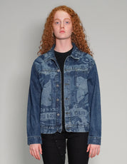 'Peace' Laser Print Denim Jacket in Blue