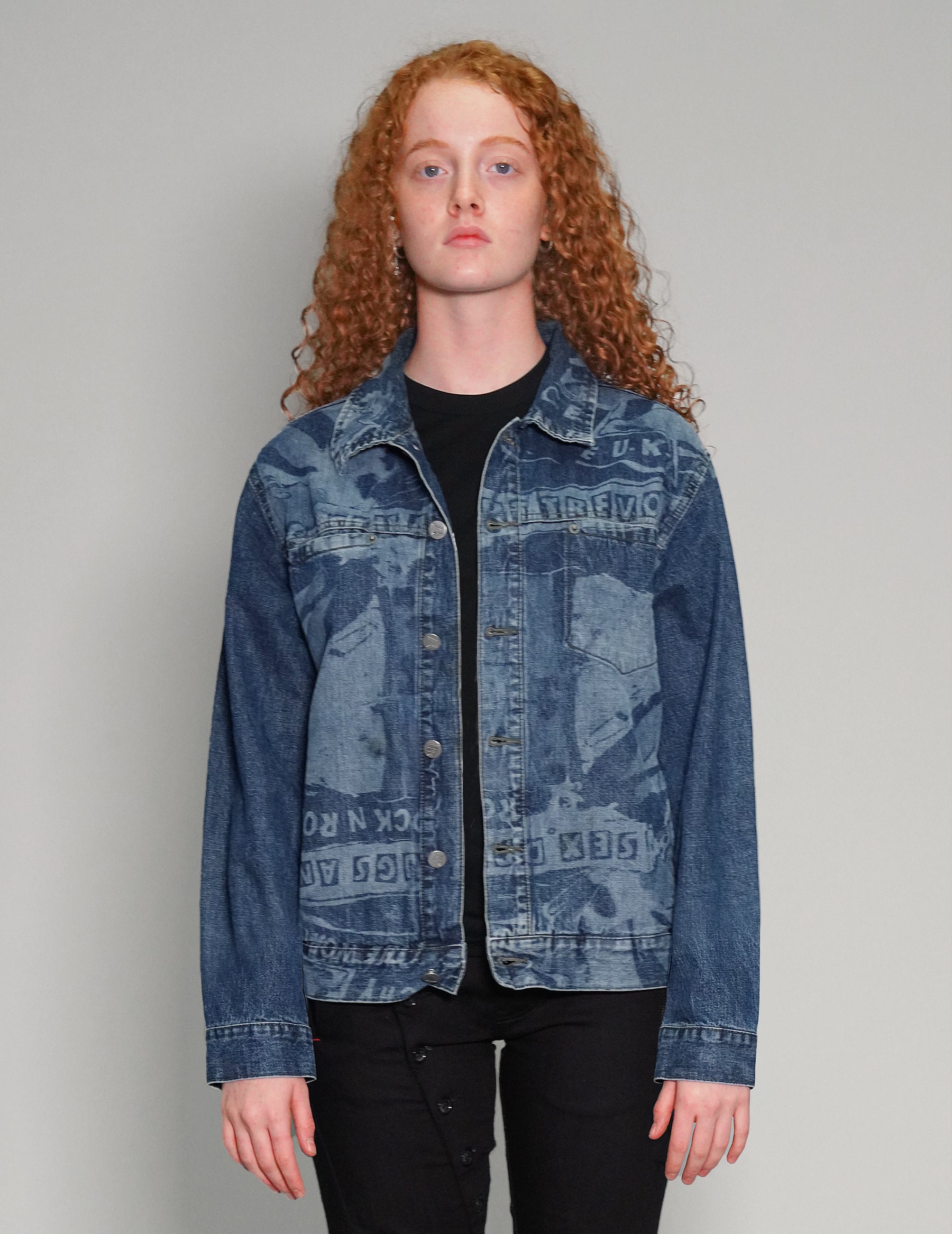 'Peace' Laser Print Denim Jacket in Blue
