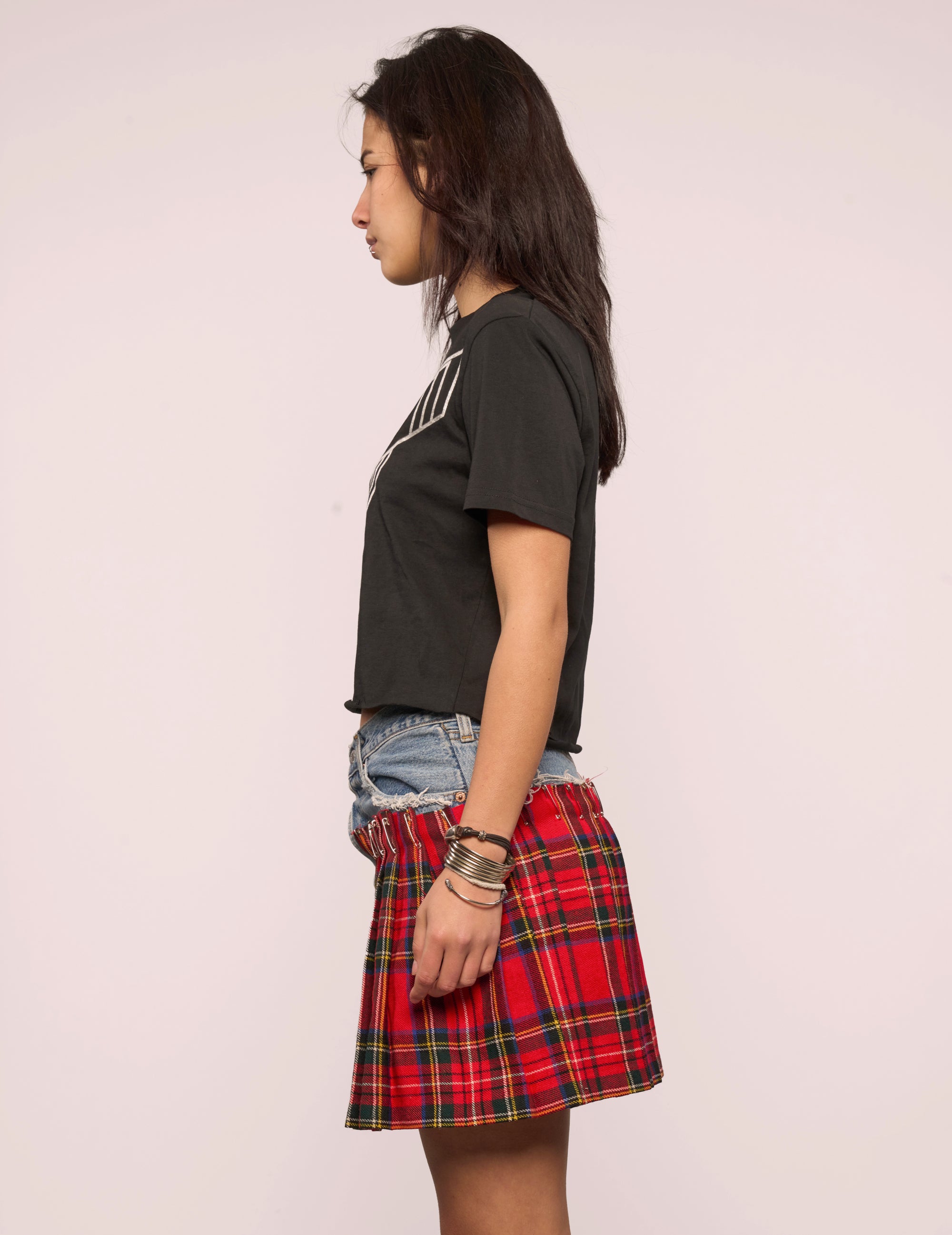 Tartan Patch Denim Skirt with Safety Pin Trim